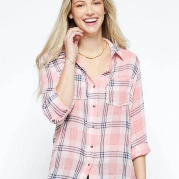Kut from the Kloth Pink Plaid Button Down Shirt Women’s Large Snap Front - Picture 1 of 4